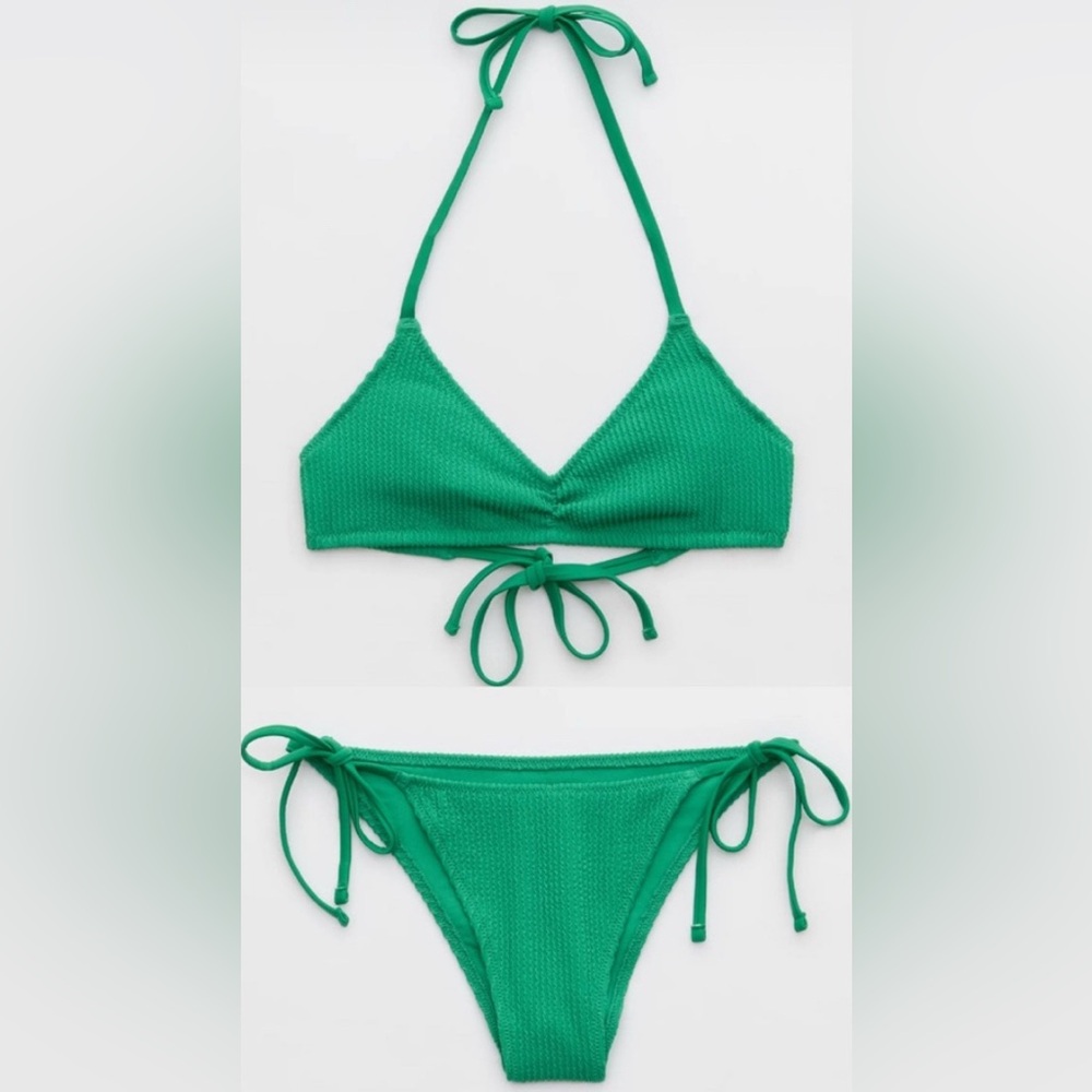 NWT Aerie FULL SET Crinkle Halter Voop Top + Cheekiest Tie Bottom in Green - M